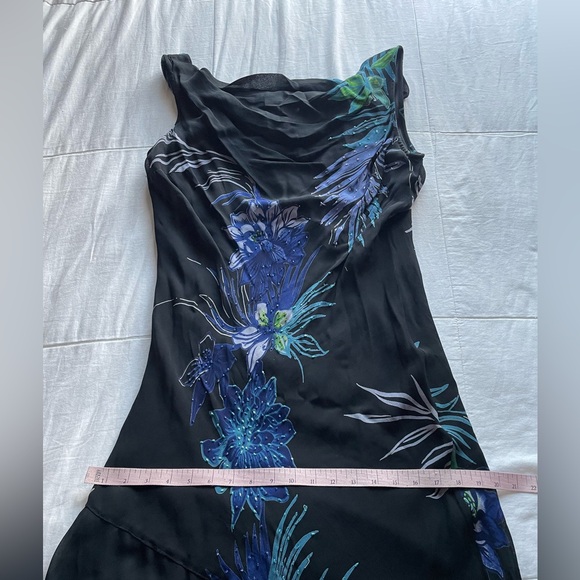 Vintage Eva Blue Dark Floral Beaded Cowl Neck Asymmetric Slip Dress 8 Fairycore - Picture 7 of 8